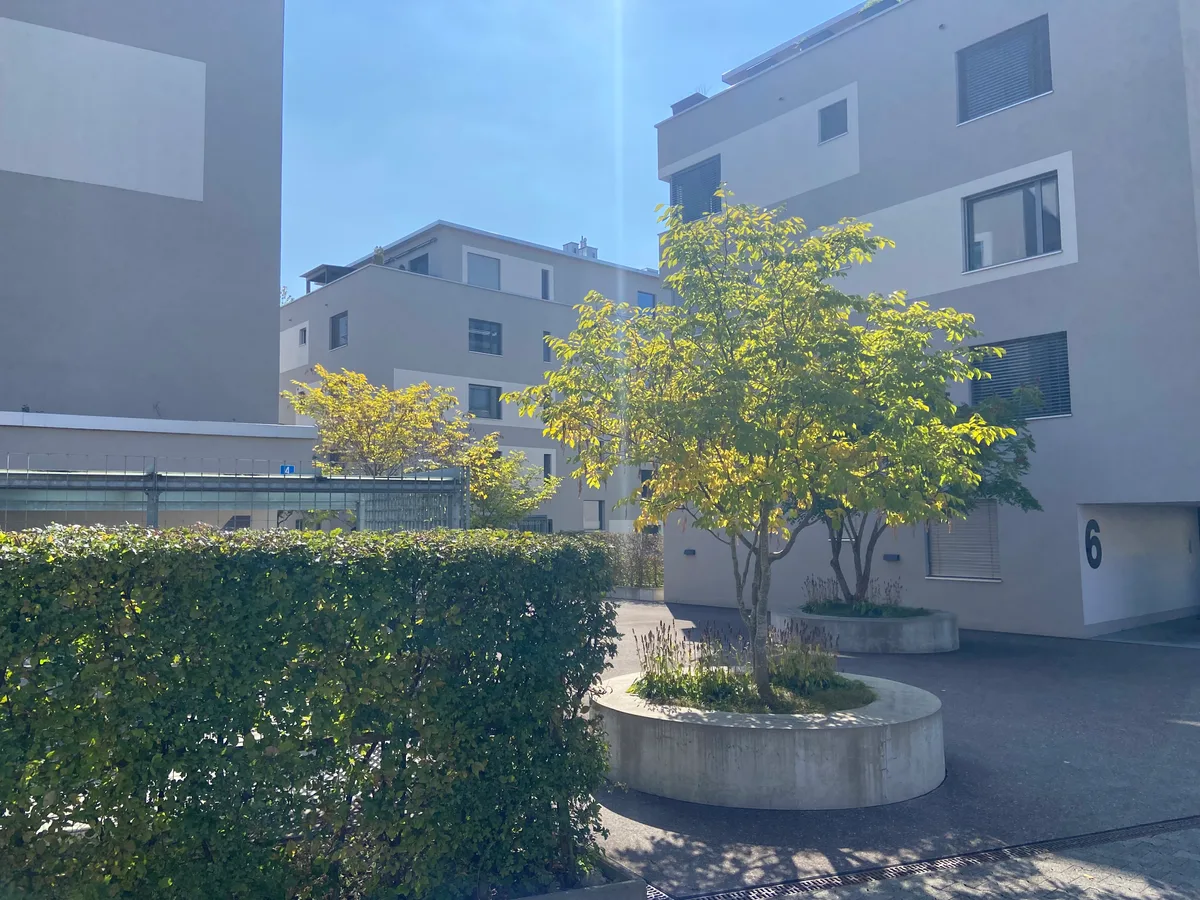 Dieses Wohnquartier im Zentrum ist noch relativ neu und bereits sehr verdichtet. Nun sollen auch ältere Bauten an die Reihe kommen. Ein Wohnquartier bei Sonnenschein.